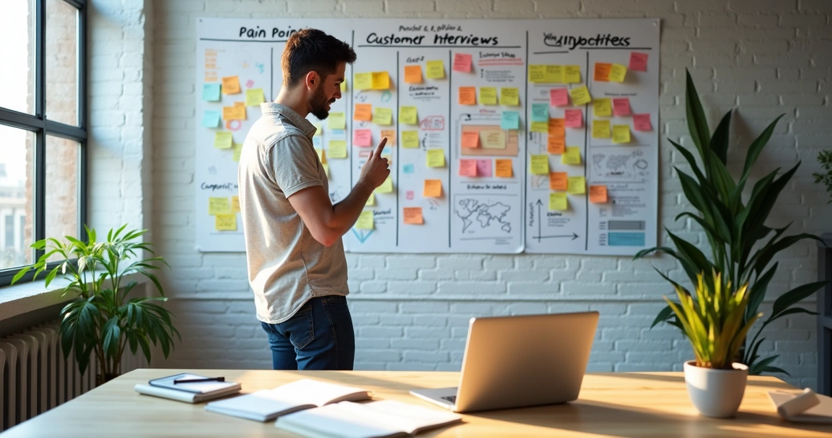 Founder analyzing customer research on a colorful startup planning wall